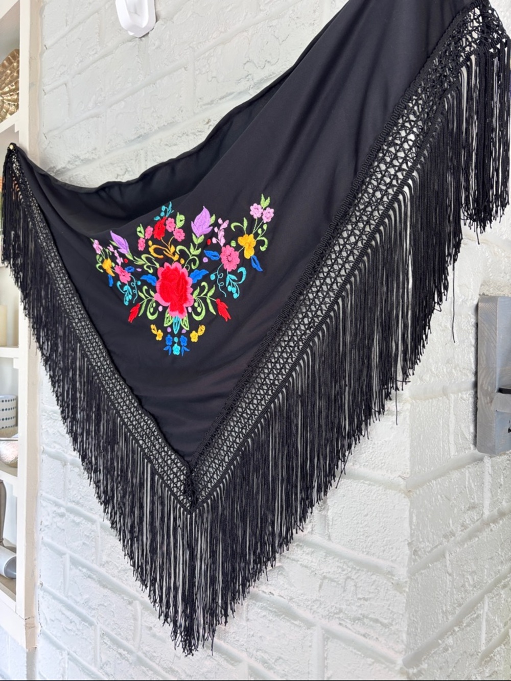 Black Floral Embroidered Fringe Edge Triangular Spanish Style Scarf - Picture 6 of 8